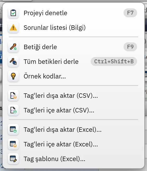 Araçlar menüsündeki tag aktarma komutları.