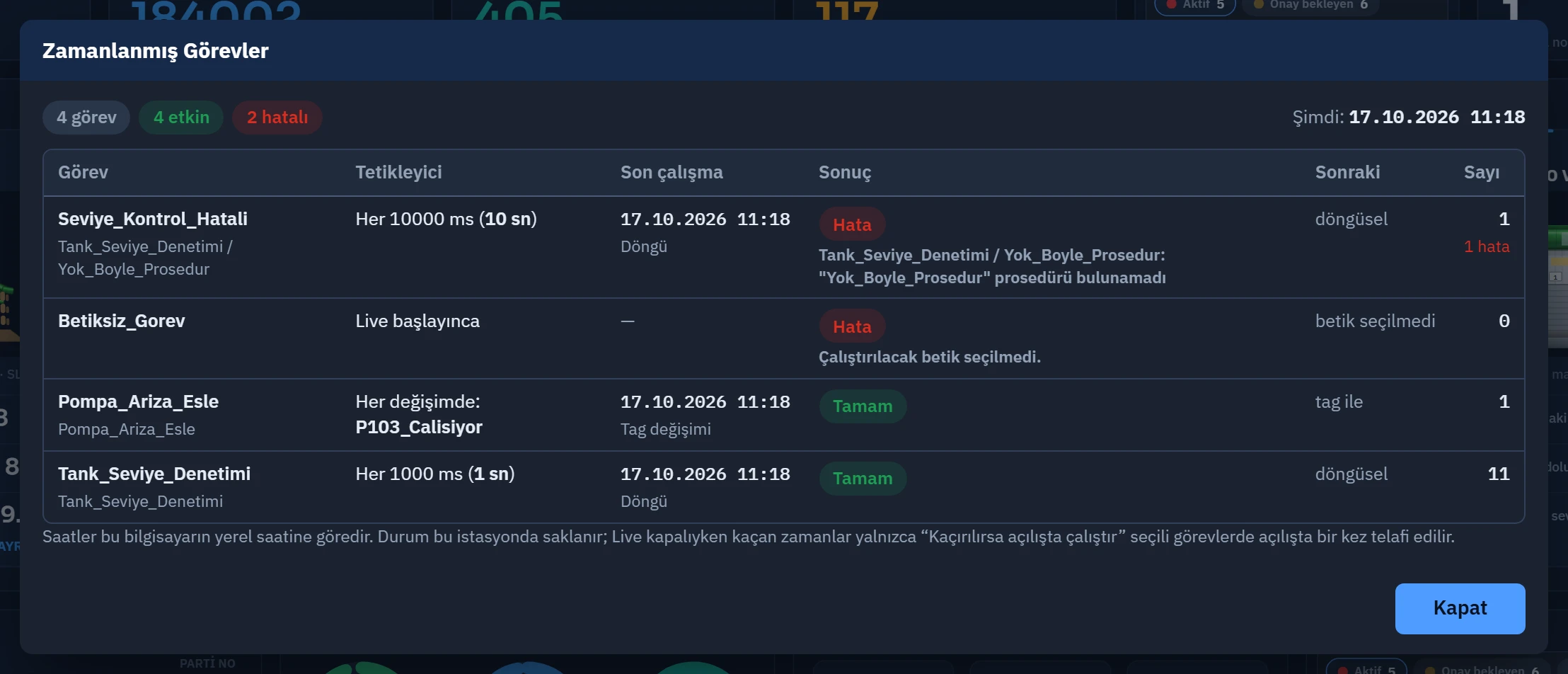 Sistem menüsü › Görevler…: hatalı bir görevde durum, hata iletisi ve hata sayısı görünür.